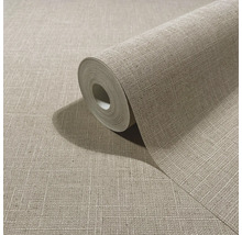 Vliestapete mit Leinenstruktur in Beige, Rolle auf ausgerolltem Muster.