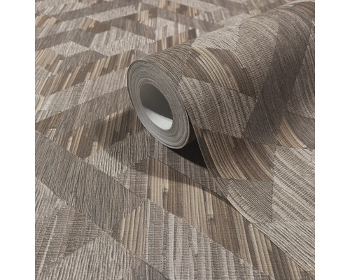 Vliestapete mit geometrischem Zickzack-Muster und Textilstruktur, beige und braun, Tapetenrolle.