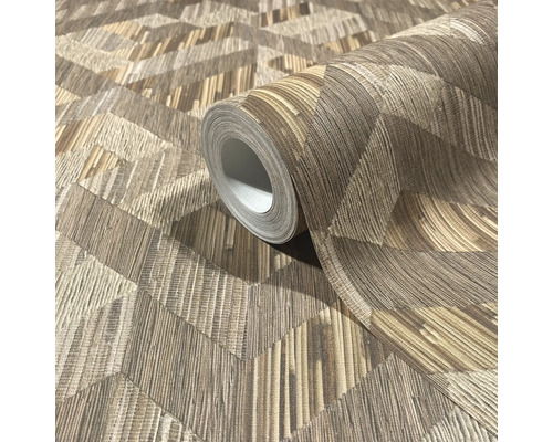 Rolle Vliestapete mit geometrischem Muster in Holzoptik und strukturierter Oberfläche.