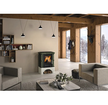 Kaminofen in modernem Wohnraum mit Holzvertäfelung, Blick auf verschneite Landschaft, gemütliche Einrichtung mit Sesseln und Couchtisch.