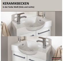 Weißes Keramikwaschbecken von Fackelmann Badmöbel, wahlweise mit Armatur links oder rechts auf einem Unterschrank montiert.