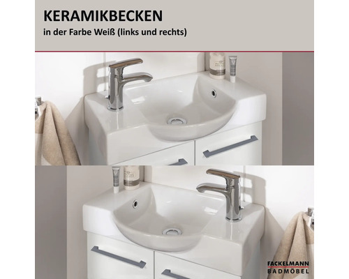 Weißes Keramikwaschbecken von Fackelmann Badmöbel, wahlweise mit Armatur links oder rechts auf einem Unterschrank montiert.