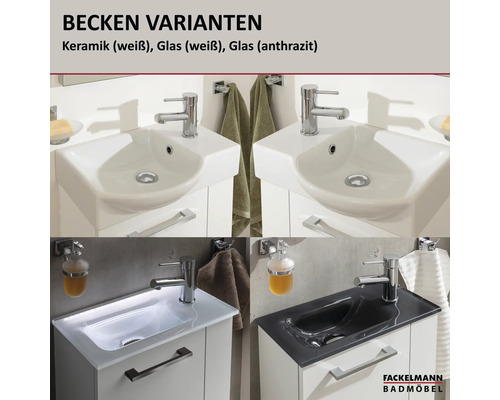 Verschiedene Waschbecken-Varianten aus Keramik und Glas für Badmöbel, inklusive Armaturen und Unterschränken. Fackelmann Logo.