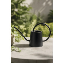 Schwarze Gießkanne aus Metall mit langem Auslauf und kreisförmigem Griff auf einem Tisch.