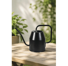 Schwarze Gießkanne aus Metall mit langem Ausguss auf einem Holztisch vor Pflanzen.