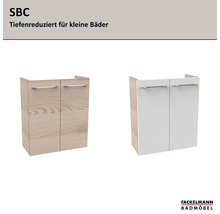 Fackelmann SBC Waschbeckenunterschrank in zwei Varianten, tiefenreduziert für kleine Bäder, Holzoptik und Weiß, Fackelmann Badmöbel Logo.