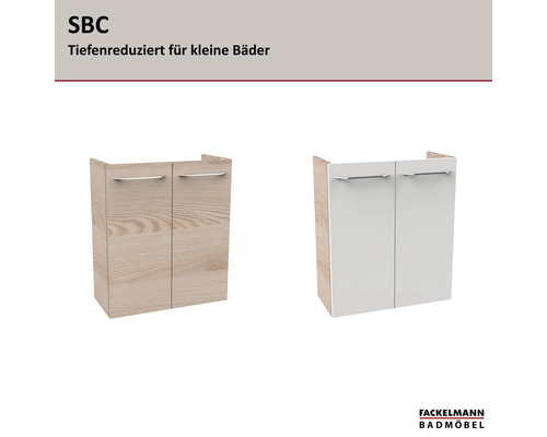 Fackelmann SBC Waschbeckenunterschrank in zwei Varianten, tiefenreduziert für kleine Bäder, Holzoptik und Weiß, Fackelmann Badmöbel Logo.