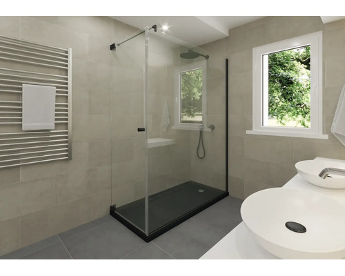 Modernes Badezimmer mit einer gläsernen Duschkabine und einer dunklen Duschwanne, einem Handtuchheizkörper sowie einem Doppelwaschtisch.