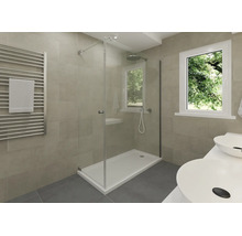 Modernes Badezimmer mit begehbarer Glasdusche, weißer Duschwanne, Handtuchheizkörper und Doppelwaschtisch mit runden Aufsatzbecken.