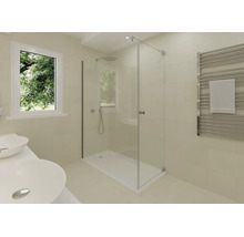 Modernes, helles Badezimmer mit einer begehbaren Glasdusche, zwei weißen Aufsatzwaschbecken und einem Handtuchheizkörper aus Chrom.