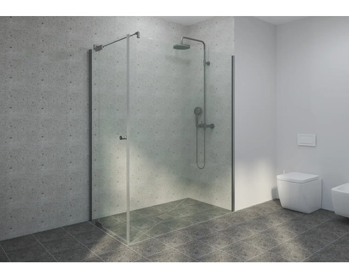 Moderne bodenebene Dusche mit rahmenloser Glasfront, Metall-Duschsystem und Fliesen in Betonoptik.