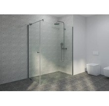 Moderne Walk-in-Dusche mit Glaswand, Duschsystem und wandhängendem WC in einem hellen Badezimmer mit Fliesen in Betonoptik.
