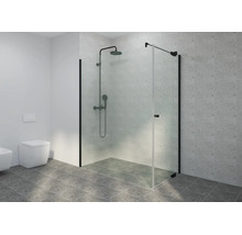 Modernes Badezimmer mit begehbarer Glasdusche, schwarzen Profilen und Armaturen, grauen Fliesen und wandhängendem WC.