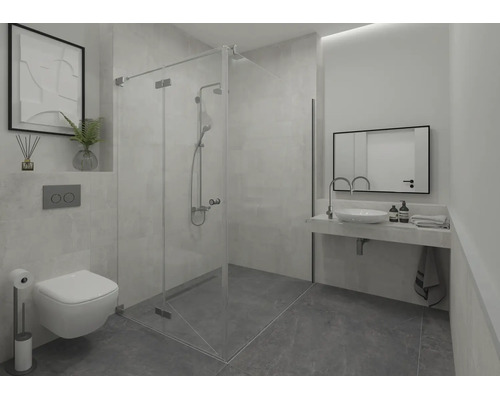 Modernes Badezimmer mit Glasduschkabine, wandhängendem WC, Waschbecken mit Spiegel und dunklen Bodenfliesen.