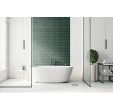 Modernes Badezimmer mit freistehender Badewanne vor einer dunkelgrünen Fliesenwand, minimalistisches Design mit Glaselementen.