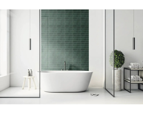 Modernes Badezimmer mit freistehender Badewanne vor einer dunkelgrünen Fliesenwand, minimalistisches Design mit Glaselementen.