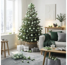 Hell dekorierter Wohnraum mit Christbaum in einem Weidenkorb, geschmückt mit Kugeln. Daneben Sofa, Couchtisch und Geschenke.