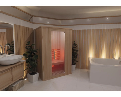 Modernes helles Badezimmer mit Infrarotkabine aus Holz, Glastür, Waschtisch mit weißem Waschbecken und großer weißer Badewanne.