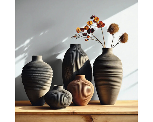 Arrangement von fünf strukturierten Keramikvasen in verschiedenen Formen und Erdtönen auf einer Holzoberfläche, mit Trockenblumen in einer Vase.