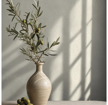 Minimalistische Keramikvase mit Olivenzweig und Oliven vor einer hellen Wand mit Fensterschatten.