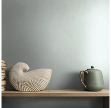 Modernes Zimmer mit mattgrün gestrichener Wand, Holzregal, skulpturalem Deko-Objekt in Muschelform und grüner Keramik-Teekanne.