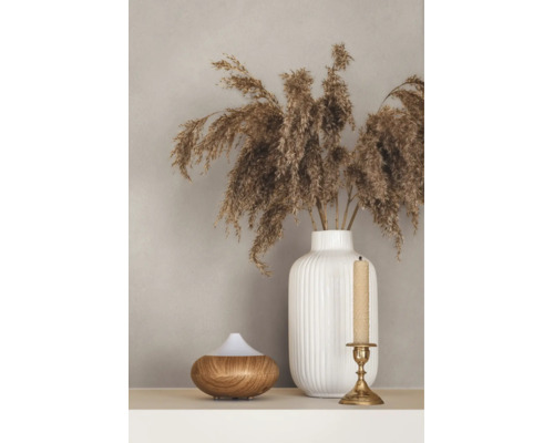Weiße geriffelte Keramikvase mit getrocknetem Pampasgras, ein Aroma-Diffusor in Holzoptik und ein goldener Kerzenständer auf einer Ablage.
