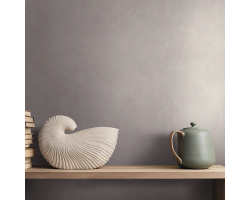 Strukturierte Wandgestaltung mit einem Holzregal, einer Skulptur in Muschelform, einer Teekanne und einem Stapel Bücher.