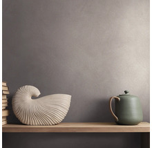 Strukturierte Wand mit Metallic-Effekt hinter einem Holzregal mit einer dekorativen Muschel, einer Teekanne und einem Bücherstapel.