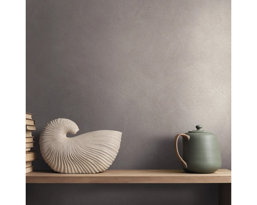 Strukturierte Wand mit Metallic-Effekt hinter einem Holzregal mit einer dekorativen Muschel, einer Teekanne und einem Bücherstapel.