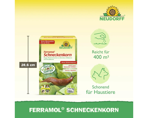 Neudorff Ferramol Schneckenkorn gegen Nacktschnecken, Höhe 28,6 Zentimeter, für 400 Quadratmeter, schonend für Haustiere, Neudorff Logo.