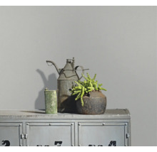 Matte graue Wandfarbe in einem modern gestalteten Innenraum mit industriellem Metallschrank und Dekoration.