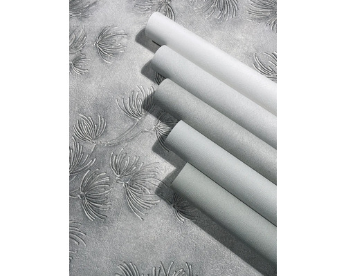 Vliestapetenrollen mit floralem Pusteblumenmuster, strukturierter Oberfläche und Metallic-Effekt.