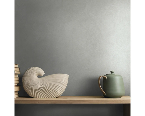 Wand mit strukturierter Effektfarbe hinter einem Holzregal mit dekorativer Muschelschale, Büchern und Teekanne.
