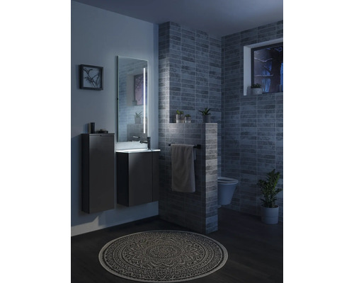 Modernes Badezimmer mit Waschtischunterschrank, Hochschrank, beleuchtetem Spiegel, Wandtoilette, dunkelgrauen Fliesen und gemustertem Teppich.