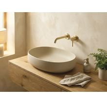 Modernes Badezimmer mit ovaler Aufsatzwaschschale auf einem hellen Holzwaschtisch und einer Armatur aus Messing zur Wandmontage.