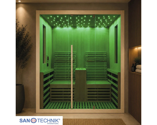 Sanotechnik Infrarotkabine mit zwei Sitzplätzen, Glasfront und grüner LED-Beleuchtung mit Sternenhimmel-Effekt. Sanotechnik Logo.