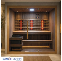 Moderne Infrarotsauna aus dunklem Holz mit Glasfront, zwei Bankebenen, Saunaofen und Innenbeleuchtung. Sanotechnik International Logo.