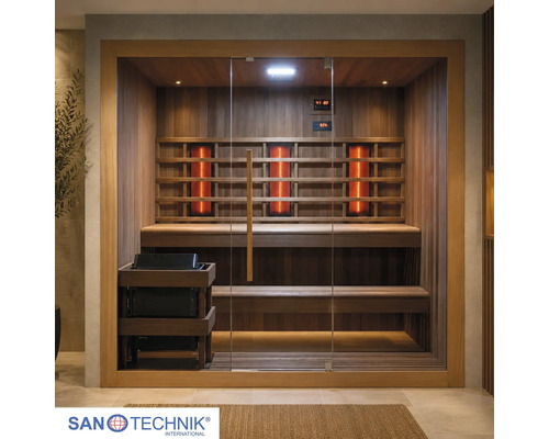 Moderne Infrarotsauna aus dunklem Holz mit Glasfront, zwei Bankebenen, Saunaofen und Innenbeleuchtung. Sanotechnik International Logo.