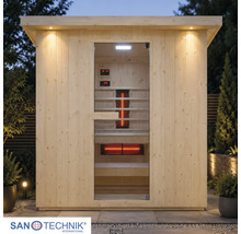 Sanotechnik Infrarotkabine für den Außenbereich aus hellem Holz mit Glastür, Innenbeleuchtung und Infrarotstrahlern im Garten.