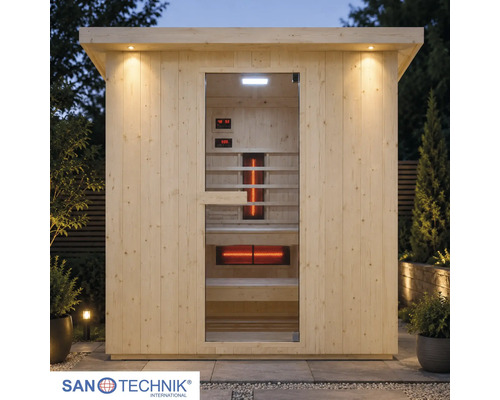Sanotechnik Infrarotkabine für den Außenbereich aus hellem Holz mit Glastür, Innenbeleuchtung und Infrarotstrahlern im Garten.