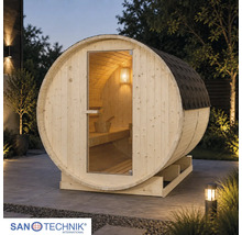 Fasssauna aus hellem Holz mit Glastür und dunklem Schindeldach im Garten. Innenraum mit Bank und Beleuchtung. Sanotechnik International Logo.
