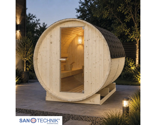 Fasssauna aus hellem Holz mit Glastür und dunklem Schindeldach im Garten. Innenraum mit Bank und Beleuchtung. Sanotechnik International Logo.