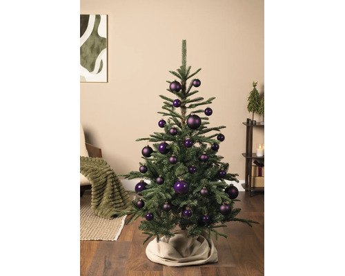 Kleiner grüner Weihnachtsbaum mit dunkelvioletten Christbaumkugeln in einem hellen Wohnzimmer mit gemütlicher Atmosphäre.
