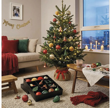 Dekorierter Christbaum mit Lichterkette in einem Wohnzimmer mit Sofa und einer Box voller Baumschmuck auf dem Teppich.