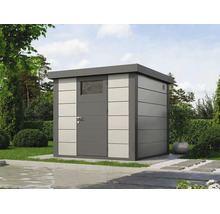 Modernes Metall-Gartenhaus mit Flachdach und Tür mit Fenster in einer gestalteten Gartenanlage.