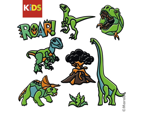 Dinosaurier-Sticker-Set für Kinder mit verschiedenen Dinosauriern, Vulkan und Schriftzug ROAR. Marabu Logo.