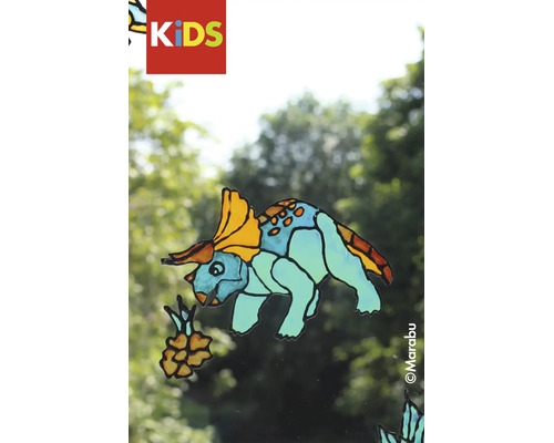 KIDS Logo. Marabu Logo. Fensterbild eines bunten Triceratops Dinosauriers auf einer Glasscheibe.