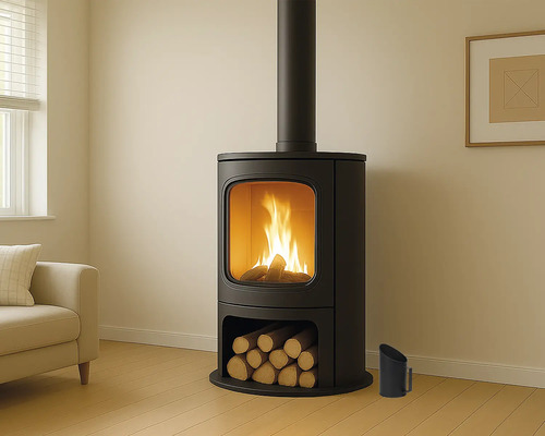Moderner schwarzer Kaminofen mit brennendem Feuer im Sichtfenster, Holzfach mit Brennholz und schwarzem Abzugsrohr in einem hellen Wohnzimmer.