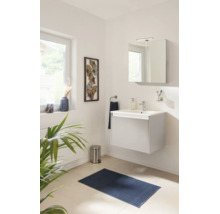 Modernes, helles Badezimmer mit wandhängendem Waschbeckenunterschrank, Spiegelschrank, blauem Vorleger und einer Zimmerpflanze.
