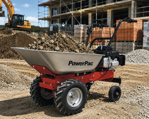 Motorisierte Scheibtruhe PowerPac mit Erde beladen auf einer Baustelle mit Bagger im Hintergrund.